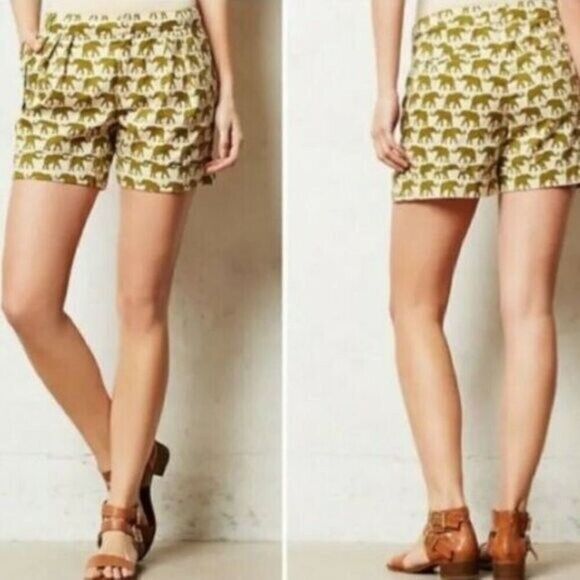 Anthropologie Cartonnier Womens Elephant Print Shorts Cream & Olive Green Size 0 - Picture 1 of 7